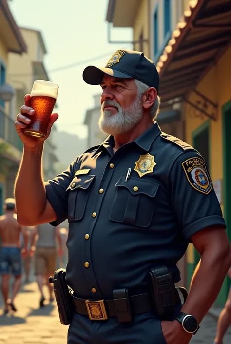 Create a Brazilian cop with a beer in his hand 