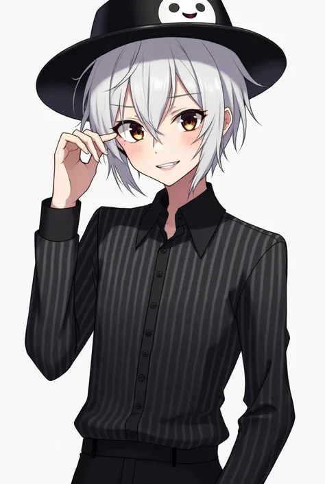  male anime character, with messy white hair , round black lenses ,  black formal shirt with lots of small gray stripes ,  brown eyes, toothy smile,  emo style black pants ,  round black hat with a happy white face