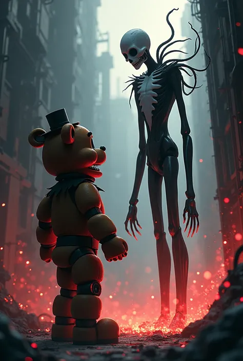  anime style ,  an epic scene of Freddy Fazbear fighting the Creepypasta character Slenderman, with impressive effects worthy of a quality anime 