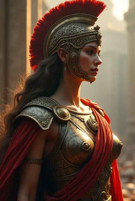 Roman goddess, warmonger, death, destruction and ruin, head to breast, legionnaire cybernetics. High Resolution, Masterpiece, Award Winning, Best Quality, High Details, High Quality, UHD, Optical Illusion, Impressionism, Art Deco, Cinematic, Cinematography...