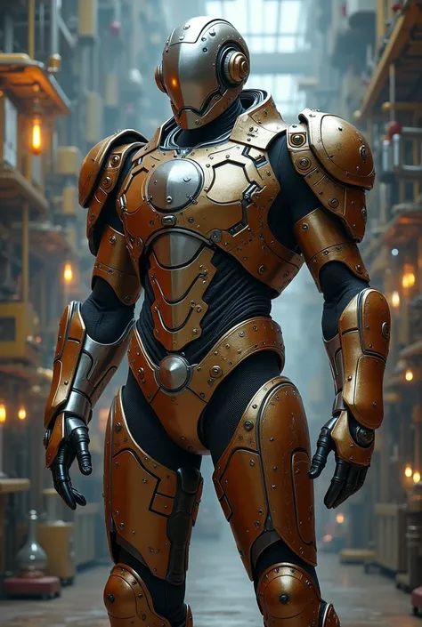  A scientist in large steampunk armor, shiny chrome and brown  