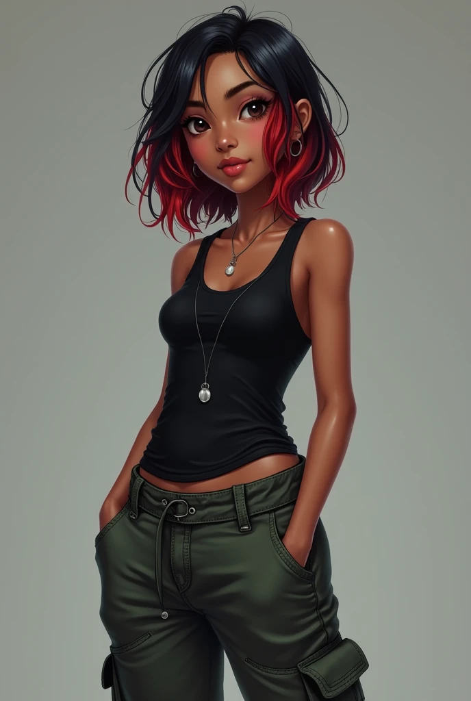 An 18-year-old girl with dark red dyed hair with some black highlights wears cargo pants, her height is 1.67, she wears a black tank top, she is a gamer with dark skin tone and a neutral expression