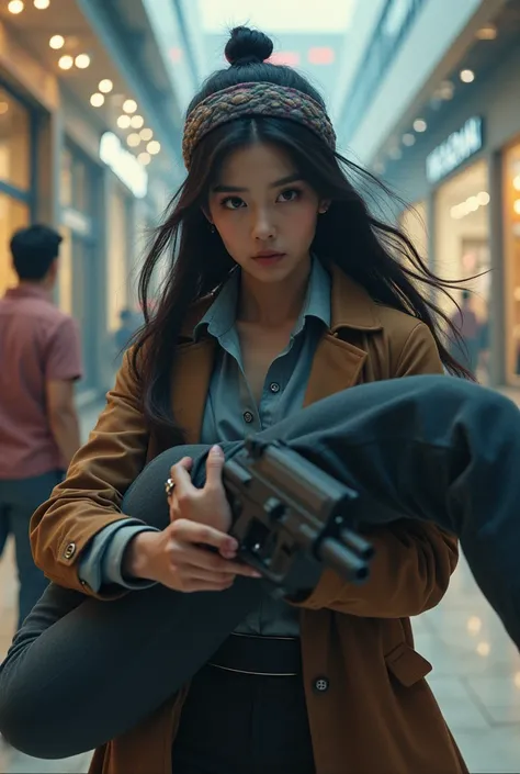 Hight quality, realistic, Very beautiful Korea girl, girl very thick hair, girl thick head band, girl walking in shopping center, male full face mask, male terrorist, male dies, girl just finished killing male, girl carrying male 