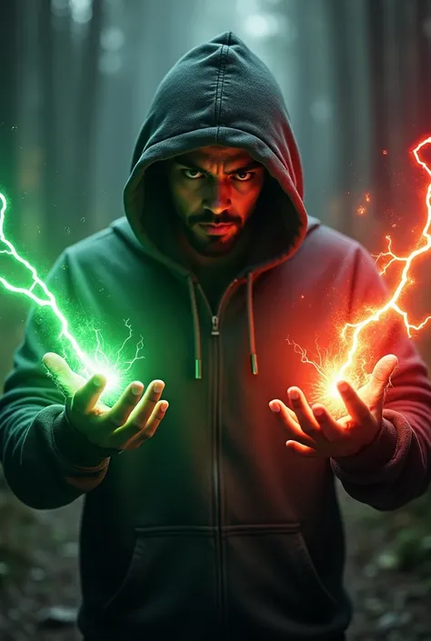 The man is wearing a hooded sweatshirt. His left hand is holding a green lightning bolt, his right hand is holding a red lightning bolt. His eyes are emitting laser beams.