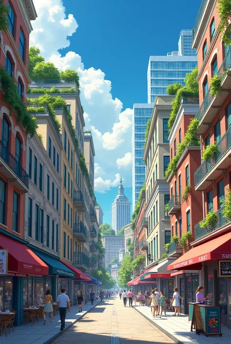 Create a realistic illustration depicting a street scene featuring a diverse array of buildings, restaurants, and shops, some incorporating rooftop gardens.