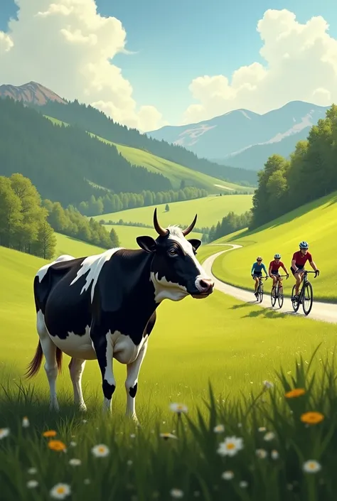 Une vache normande dans son champ, regarde passer des cyclistes sur la route