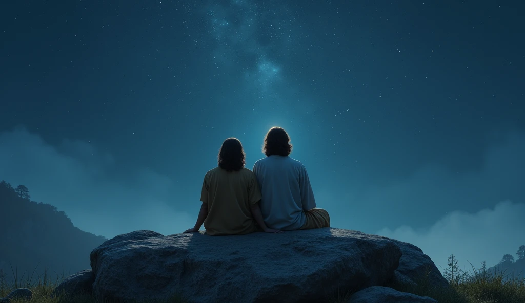 A man sitting with Jesus on a rock,   the two of them have their backs to the viewers and are looking up at the stars in the sky 