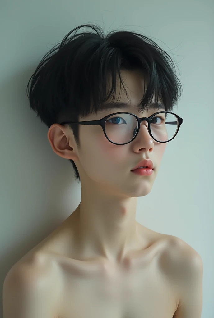 Asian male,High School Students,Middle parted hair,Single,White skin,wear glasses,Groaning naked ，beautiful boy,