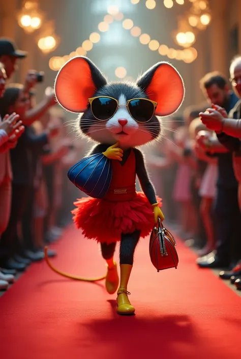 "A furry anthropomorphized little female black and white mouse struts confidently down a red carpet runway. She is wearing a short, flamboyant red couture dress and Yellow high-heeled shoes with modern details, holding a blue designer bag in one hand and a...