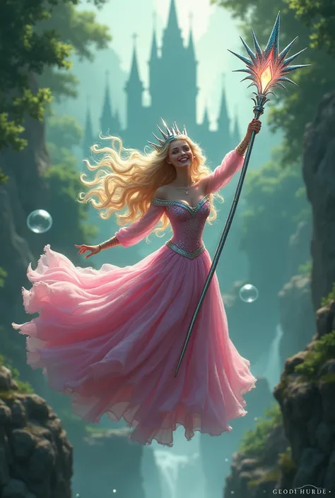 Good witch of the north with long blonde curly hair, a big silver crown on her head, big pink princess fluffy dress and she is holding a long silver staff with a glowing crystal on it and she is floating in a bubble and casting a spell, behind her is emera...