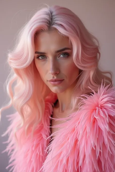 a close up of a man with long hair wearing a pink feathered dress, a pastel inspired by Kurt Trampedach, shutterstock, photorealism, taken in the early 2020s, taken in 2022, taken in 2 0 2 0, xqc, taken in the late 2010s, ((at the  choice awards))