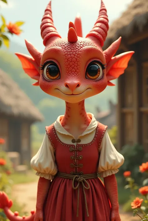 cute red dragon humanoid female in peasant clothing