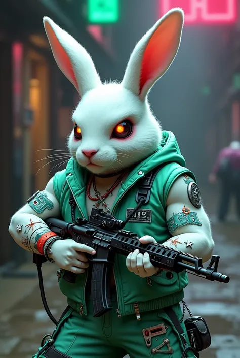 white rabbit, con piercings, ak-45 ,  mint green gamer clothing,  eye scar shirt, muscular