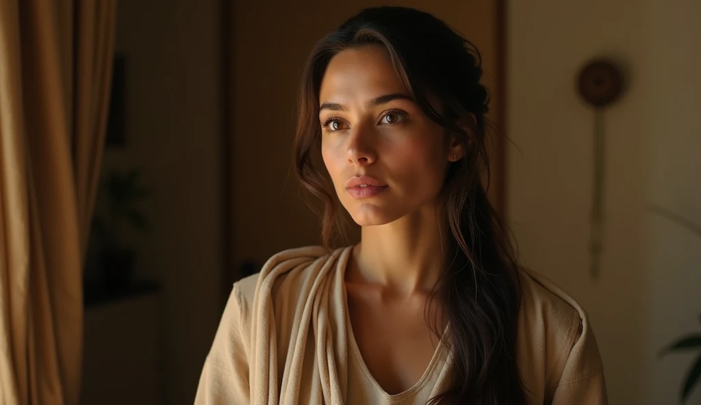 A close-up of Maria, a young woman in her early 20s, with olive skin, long dark brown hair tied loosely, and hazel eyes. She wears a simple beige dress with a light shawl over her head. Her expression is serene yet reflective, standing against the backdrop...