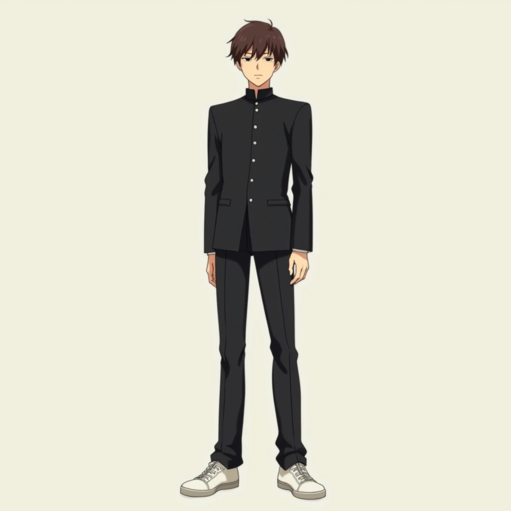 10 Feet Tall anime boy brunette Brown hair anime boy, Closed mouth, serious, kuudere,  misaki mei man, delgado, black Gakuran Buttoned up uniform collar, Long legs, white sneakers,2D default standing, hands to the sides,