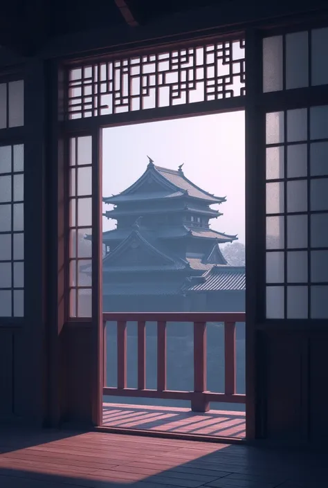 I want a background in shades of purple ,  gray and black from a window on a balcony of a Japanese castle . I want the window to be seen from the outside to the inside 