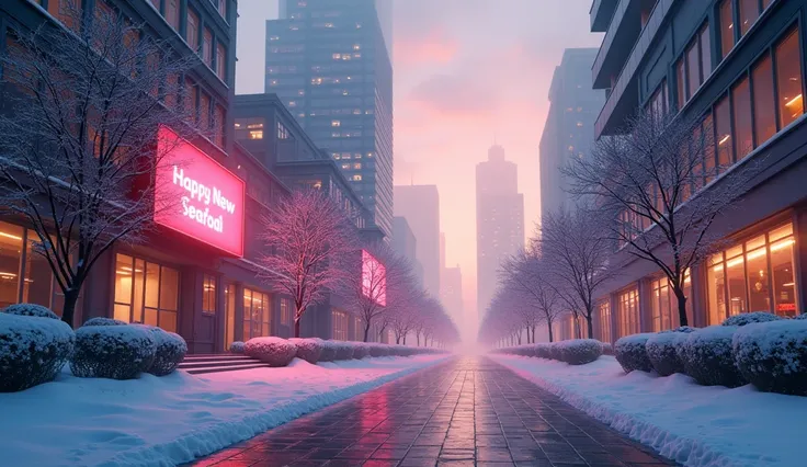 a scene of morning dawn in the city, no people on the street, cityscape, one LED screen is displaying Happy New Year, neon lights, trees covered by snow, winter foliage, snowy ground, beautiful atmosphere, 8k, photorealistic, vibrant colors, cinematic ligh...