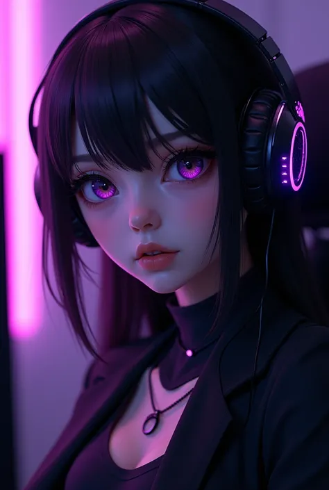 Pfp gamer girl ,  dressed in black, gothic, moba , anime, Violet, earphones