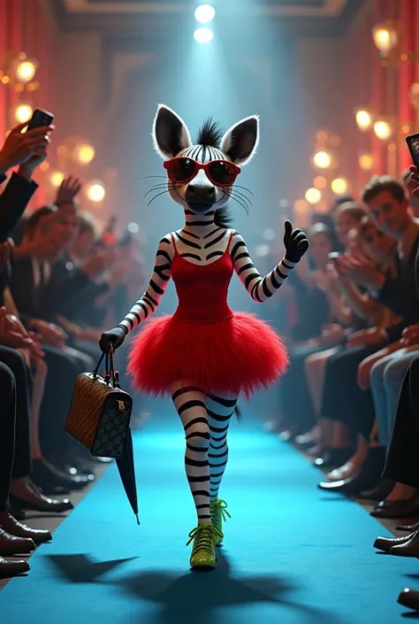 "A furry anthropomorphized Little female zebra struts confidently down a blue carpet runway. She is wearing a short, flamboyant red couture dress and green high-heeled shoes with modern details, holding a Gucci designer bag in one hand and a black opened u...