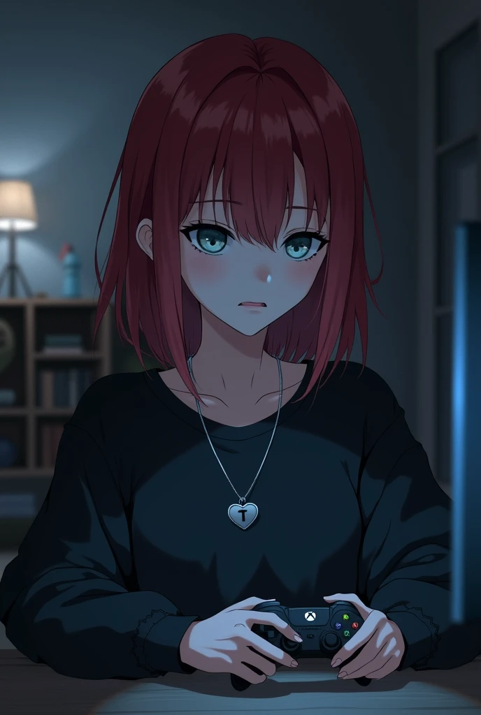  Create me a young woman with ice-blue eyes and shoulder-length , red hair.  She is sitting in front of the Xbox console and looks serious and concentrated. She is wearing a black oversized sweater .  She is wearing a silver heart necklace with the letter ...