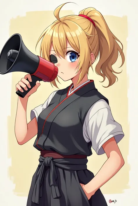  handwritten 2D anime style 。　woman、20 years old、Blonde、 light wavy hair with a megaphone 、 Japanese Gal with Megaphone 、Gal clothes、メガホン持つ　　male、Age 30、samurai、Eye patch、 black hair、 ponytail style chonmage、Black Hakama