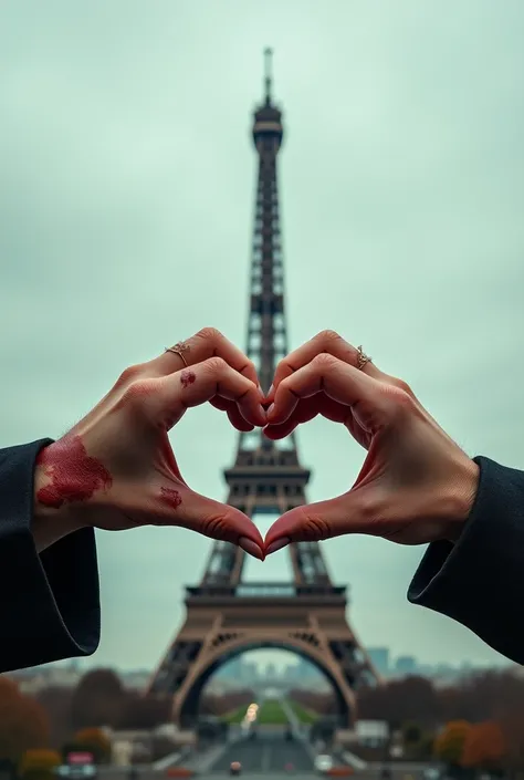 imagine two hands making a heart with  fingers while there is a little bit of blood and scars in the fingers and Eiefl tower in behind 