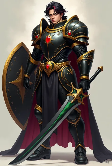 Young Boy, Marked Body, Black Hair with Red Streaks, Honey-Colored Eyes, Large Height, Stocky Legs, Black Paladin Armor with Gold and Ruby Decorations, Black and Green Greatsword, Long Paladin Shield,