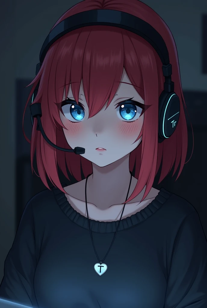  Create me a young woman with ice-blue eyes and shoulder-length , red hair.  She is wearing a side parting .  She plays video games and is wearing a headset and looks serious and concentrated. She is wearing a black oversized sweater .  She is wearing a si...