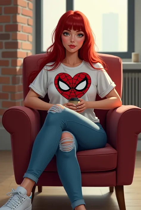 

Prompt:
" A woman seated in a comfortable armchair in a well-lit indoor environment .  She has long red hair , with bangs, and is wearing a white t-shirt with a design of a stylized heart with the Spider-Man mask in the center.  She wears ripped blue jea...