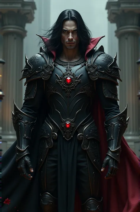 vampiro, man, muscular, beautiful,  red eyes ,  black hair, Armor 