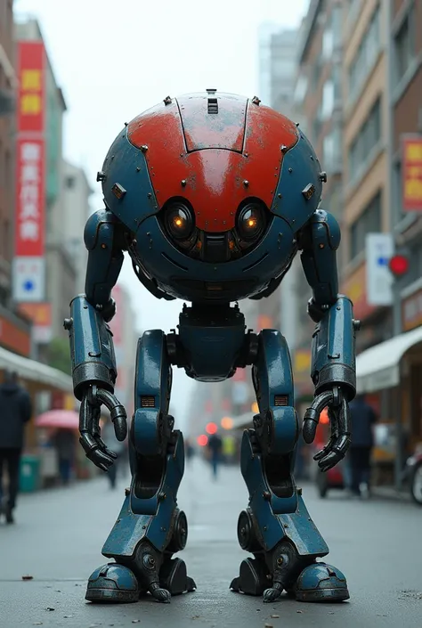 Human garbage collection robot, beetle face, in busy city, plain background, dark blue and red coloring, full body, wide angle lens photography