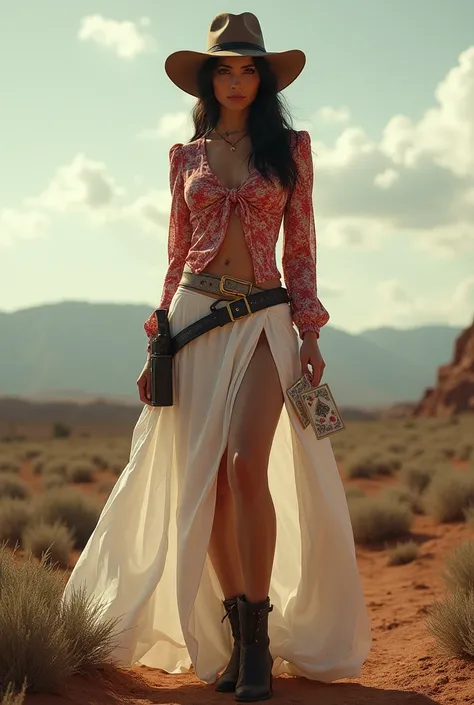 Western woman in long white skirt , red and white blouse with a razor strapped to the thigh , with a hat on one side with decks of cards in hand 