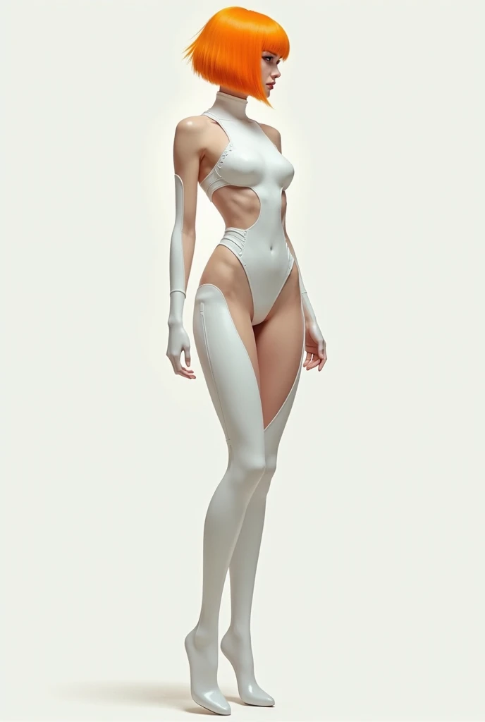 A futuristic sci-fi character with a bold aesthetic. Design a sleek female figure wearing a white, form-fitting, cutout bodysuit that exposes sections of the torso and legs, inspired by minimalist cyberpunk fashion. The outfit is complemented by short, sha...