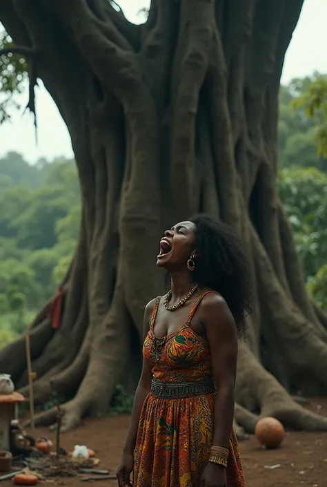 (Long shot) of an african woman wailing in from of a giant tree shrine