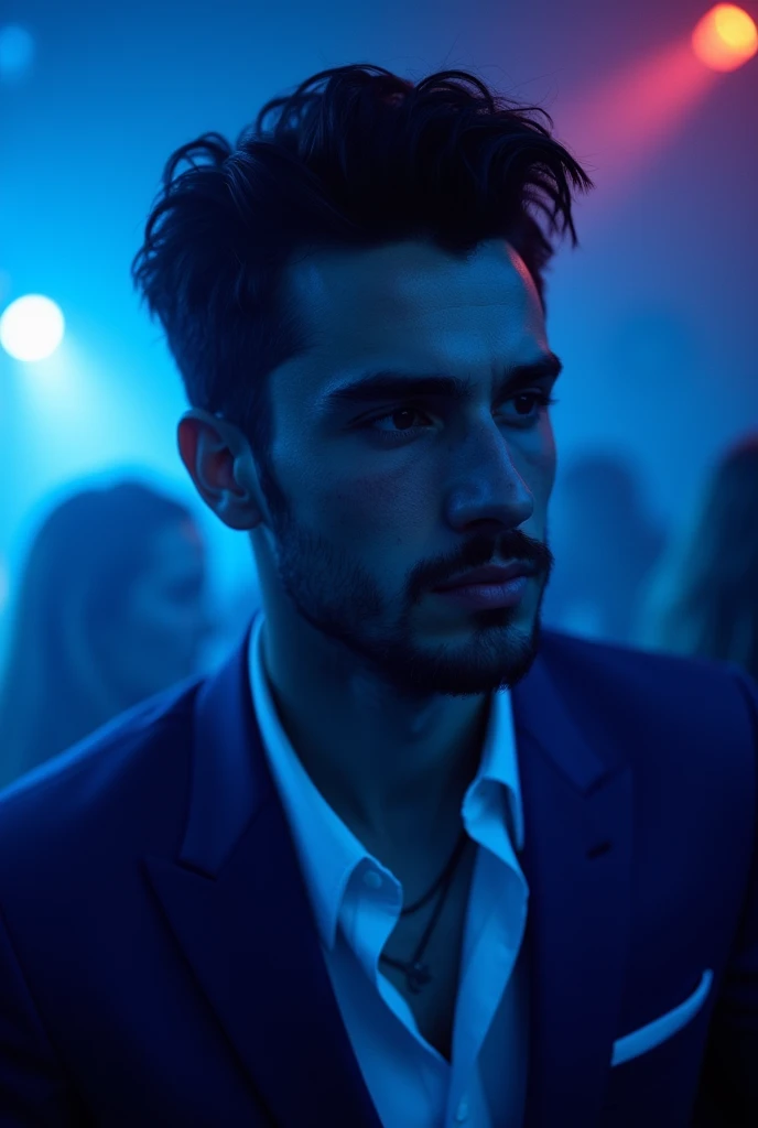  create a full photo of a man with black hair , freckles,  full lips , fossette,  pronounced cheekbones and intense eyes . It must be in a blue nightclub full of people, deve avere molte luci colorate.  must wear a sexy rich blue mens suit. e deve sorrider...