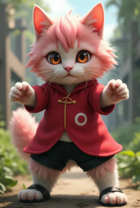 Make a realistic cat that is wearing the exact same clothes and cosplaying the character Sakura from Naruto 