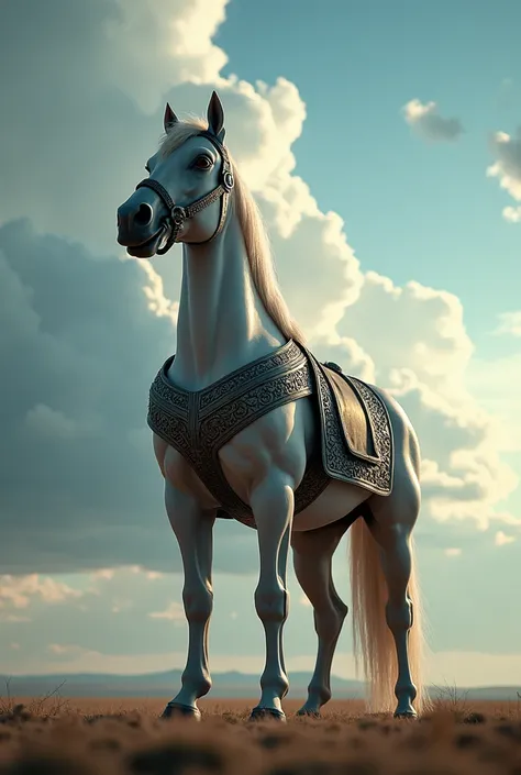 A video of a horse in armor and a sword admiring the sky 