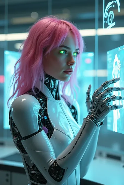 (masterpiece, high resolution, CGI:1.4), (depicting a captivating woman with vibrant pink hair and mesmerizing eyes that shimmer in a captivating blend of green and blue:1.3), (her eyes glowing with an otherworldly light:1.2), (metallic and robotic compone...