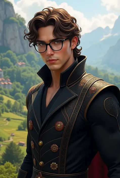 Brown slightly curly hair,brown eyes,white skinned prince.wearing glasses,wearing black prince costume.muscular.there is a good view in the background