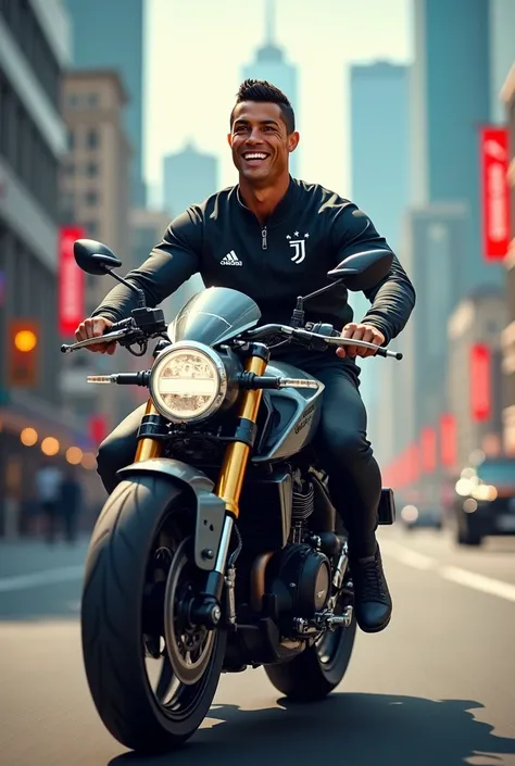 Create an image of Ronaldo in which Ronaldo driving a cycle with smile face