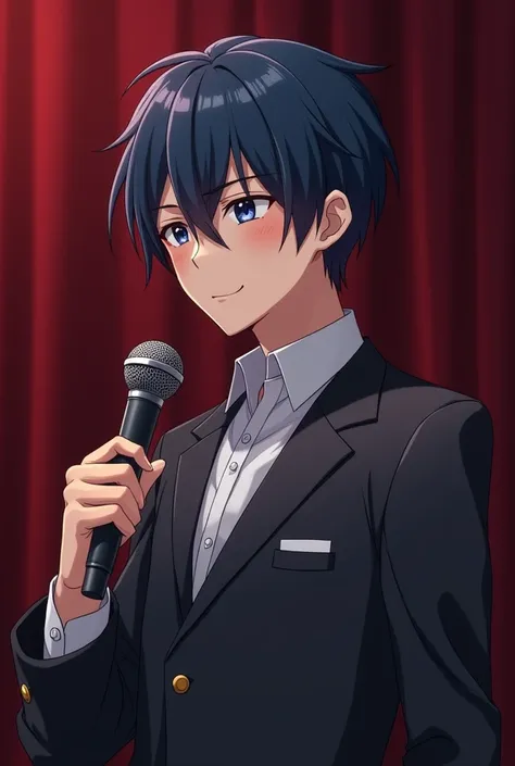 You can generate an image of an adult man smiling a little but sad with dark blue hair who is a presenter holding a microphone with a bloody red and dark background, Make it a semirealistic anime style 