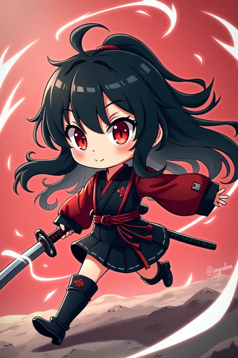 Anime, female, cute, chibi character, samurai, ninja, assassin, one hand holding katana, black and red hair, long hair, red eyes, running