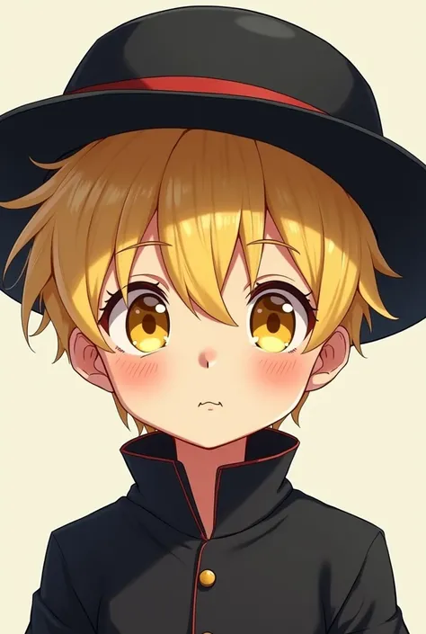 Cute anime boy with yellow eyes with black hat and black clothes 