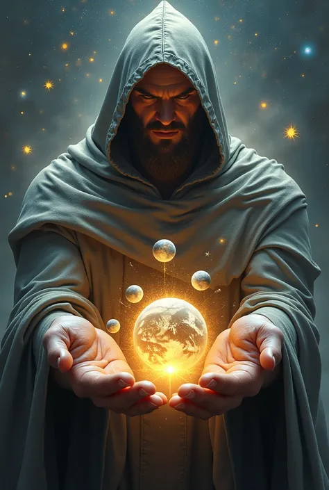 muscular bright man in a hood, with an overcoat, dressed in a mantra holding planet earth, sun, moon, stars in his palms.