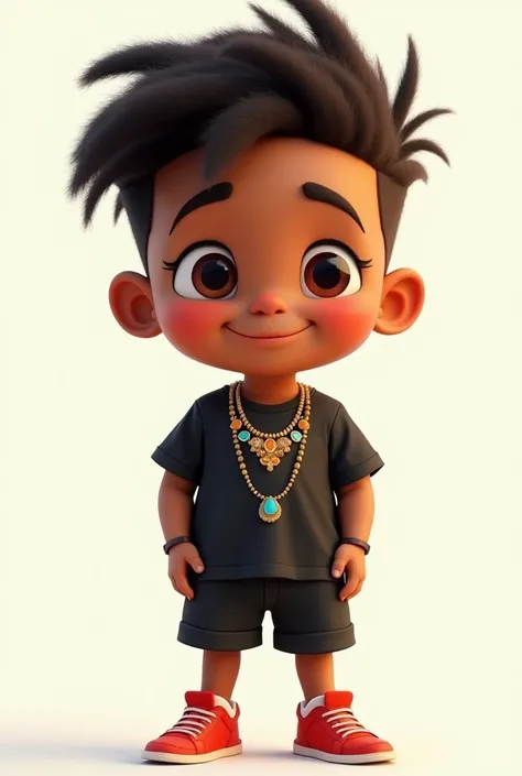  An animated brown boy ,black shirt with necklaces , a black shorts and red shoes 