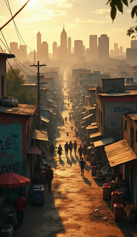 "Create a cinematic zoom-in sequence starting with a wide aerial view of a vibrant urban skyline that transitions between a Brazilian favela, an American ghetto, and a Venezuelan barrio. The camera moves dynamically, zooming into a bustling street with col...