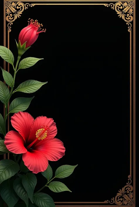 Deep-black background with golden edges and a fresh, flowering hibiscus sabdariffa plant in the lower left corner of the image.