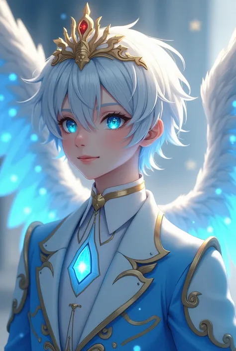 Mens light blue eyes white hair with blue sky blue sparkles Gold crown or tiara wears a magic hourglass his suit is light blue with elegant gold details Japanese style big white wings with sky blue sparkles mens