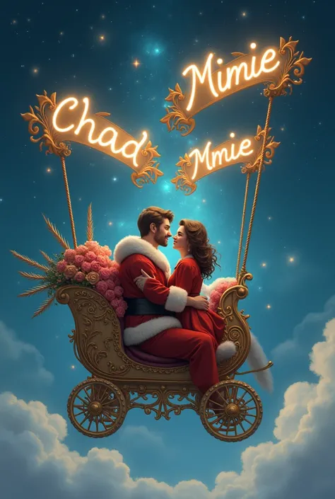 Id like to create an image of two lovers in one of those chariots Santa rides. In the sky there should be load signs writen Chad and Mimie 