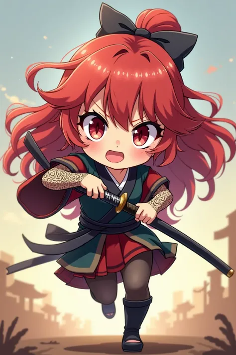 Anime, female, cute, chibi character, samurai, ninja, assassin, one hand holding katana, reddish hair, long hair, red eyes, running, dragontattoos